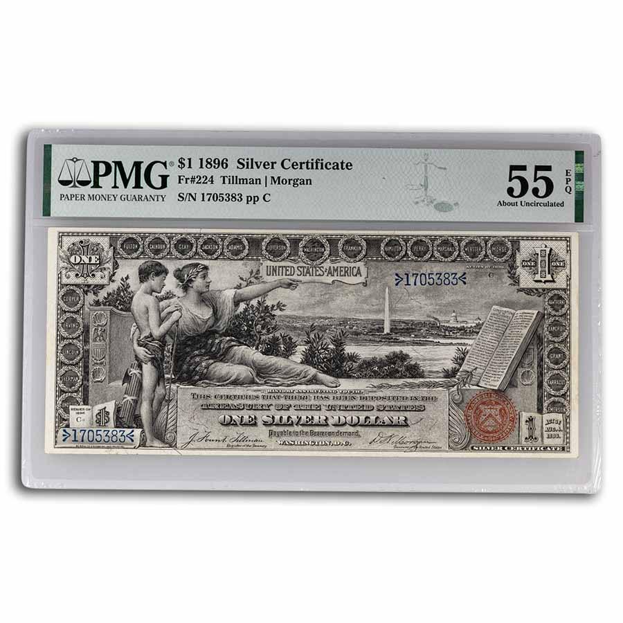 1896 $1.00 Silver Cert. Educational Note AU-55 EPQ PMG (Fr#224): 1896 $1.00 Silver Cert. Educational Note AU-55 EPQ PMG (Fr#224) SKU: 253093 Year: 1896 Grade: Almost Unc - 55 Grade Service: PMG Denomination: 1 Dollar Mint Mark: N/A - Not Available Meta