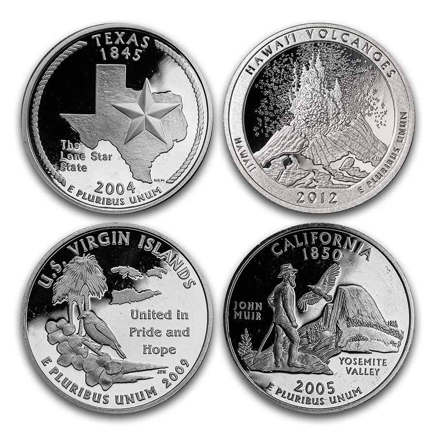 $1.00 Face Value Silver Statehood/ATB Quarters Proof: $1.00 Face Value Silver Statehood/ATB Quarters Proof SKU: 82409 Year: 1916-1964 Grade: None Grade Service: None Denomination: 25 Cents Mint Mark: Varies Metal Content: 0.723 troy oz <