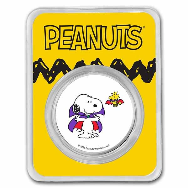 Peanuts Snoopy, Woodstock Vampire Costumes 1 oz Colorized Silver: Peanuts Snoopy, Woodstock Vampire Costumes 1 oz Colorized Silver SKU: 237320 Year: N/A Grade: None Grade Service: None Mint Mark: N/A - Not Available Metal Content: 1 troy oz Purity: .999