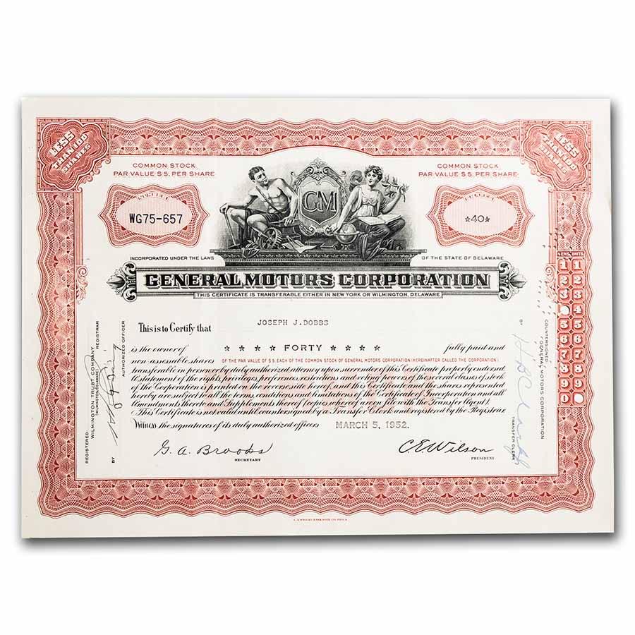 General Motors Corporation Stock Certificate: General Motors Corporation Stock Certificate SKU: 34603 Year: N/A Grade: None Grade Service: None Denomination: N/A Mint Mark: N/A - Not Available Metal Content: 0 troy oz Purity