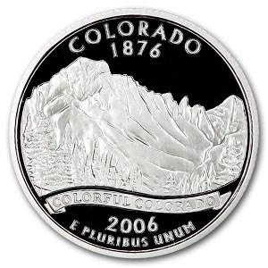 2006-S Colorado State Quarter Gem Proof (Silver): 2006-S Colorado State Quarter Gem Proof (Silver) SKU: 47208 Year: 2006 Grade: Gem Proof Grade Service: None Denomination: 25 Cents Mint Mark: S - San Francisco Metal Content: 0.1808 troy