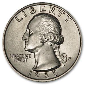 1988-P Washington Quarter BU: 1988-P Washington Quarter BU SKU: 6509 Year: 1988 Grade: Brilliant Unc Grade Service: None Denomination: 25 Cents Mint Mark: P - Philadelphia Metal Content: 0 troy oz Purity: N/A
