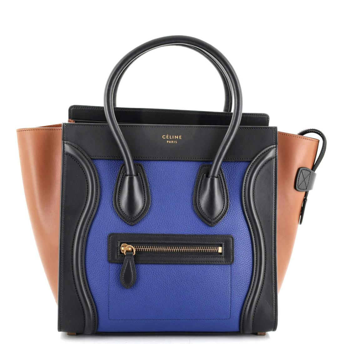Celine Tricolor Luggage Bag Leather Micro: Celine Tricolor Luggage Bag Leather Micro Exterior Color: Black, Blue, Brown, Multicolor Interior Color: Brown Exterior Material: Leather Interior Material: Leather Hardware Color: Aged Gold Acce