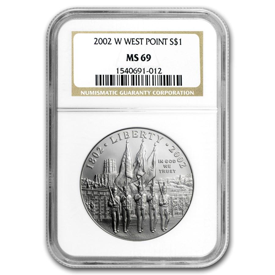 2002-W West Point Bicentennial $1 Silver Commem MS-69 NGC: 2002-W West Point Bicentennial $1 Silver Commem MS-69 NGC SKU: 98609 Year: 2002 Grade Service: NGC Denomination: $1.00 Dollar Metal Content: 0.7734 troy oz Purity: .900 Thickness: 3.1 mm