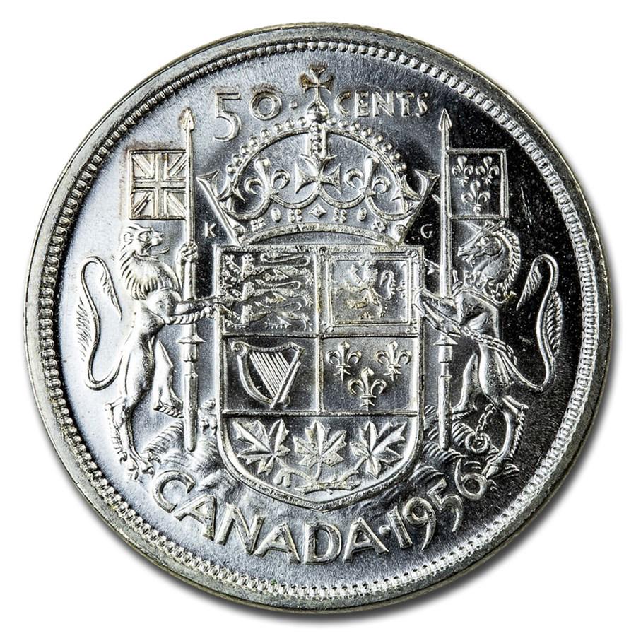 1956 Canada Silver 50 Cents Elizabeth II BU/Prooflike: 1956 Canada Silver 50 Cents Elizabeth II BU/Prooflike Product ID: 212676 Year: 1956 Grade: BU &/or Proof Grade Service: None Denomination: $0.50 Mint Mark: RCM (Not Shown) Metal Content: