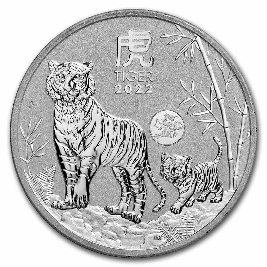 2022 AUS 1 oz Silver Lunar Tiger BU (Series III, Dragon Privy): 2022 AUS 1 oz Silver Lunar Tiger BU (Series III, Dragon Privy) Product ID: 252079 Year: 2022 Grade: Brilliant Unc Grade Service: None Denomination: 1 Australian Dollar Mint Mark: P - Perth