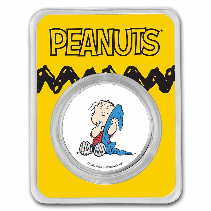 Peanuts Linus Van Pelt 1 oz Colorized Silver Round: Peanuts Linus Van Pelt 1 oz Colorized Silver Round Product ID: 231119 Year: 2021 Grade: None Grade Service: None Mint Mark: N/A - Not Available Metal Content: 1 troy oz Purity: .999 <