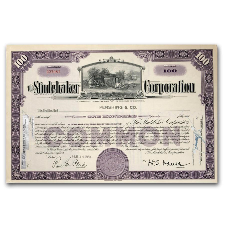 Studebaker Corporation Stock Certificate: Studebaker Corporation Stock Certificate Product ID: 33092 Year: N/A Grade: None Grade Service: None Denomination: N/A Mint Mark: N/A - Not Available Metal Content: 0 troy oz Pur