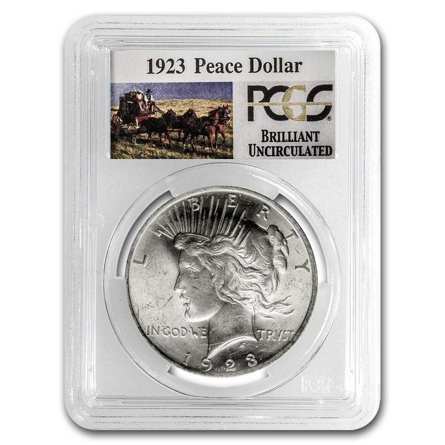 1923 Stage Coach Silver Dollar BU PCGS: 1923 Stage Coach Silver Dollar BU PCGS Product ID: 37435 Year: 1923 Grade: Brilliant Unc Grade Service: PCGS Denomination: $1.00 Mint Mark: P - Philadelphia (Not Shown) Metal Content: 0.7