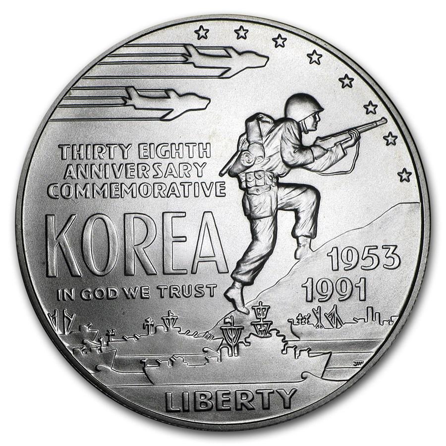 1991-D Korean War $1 Silver Commem BU (w/Box & COA): 1991-D Korean War $1 Silver Commem BU (w/Box & COA) Product ID: 6983 Year: 1991 Grade: Brilliant Unc Grade Service: None Denomination: $1.00 Dollar Mint Mark: D - Denver Metal Content: 0.