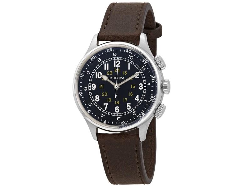 Bulova Mens Pilot: Bulova Mens Pilot Product Code: 96A245-39B2A Brand: Bulova Condition: Never Worn Details: Stainless steel case, Leather strap, Black dial, Quartz movement, Scratchresistant mineral, Water resistant up
