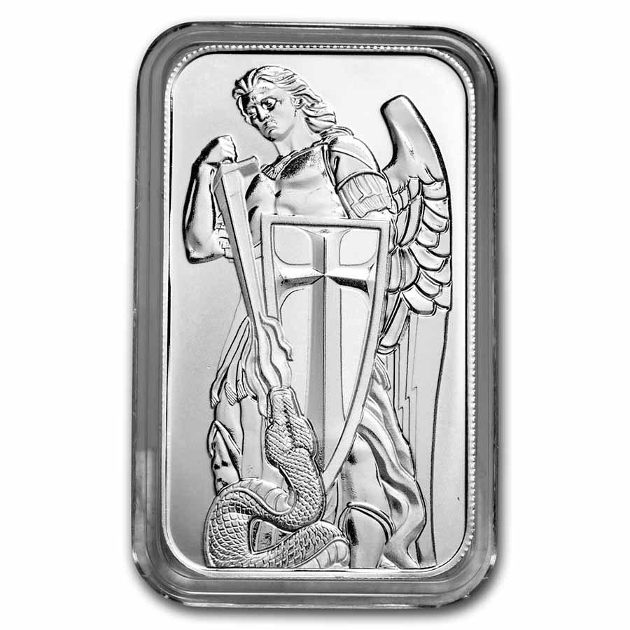 1 oz Silver Bar - Archangel Michael - Scottsdale Mint: 1 oz Silver Bar - Archangel Michael - Scottsdale Mint RBJ No: 242235 Year: 2021 Grade: None Grade Service: None Mint Mark: N/A - Not Available Metal Content: 1 troy oz Purity: .999 <b
