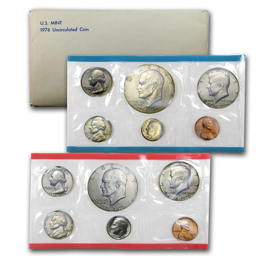 1976 U.S. Mint Set: 1976 U.S. Mint Set Product ID: 1243 Year: 1976 Grade: Brilliant Unc Grade Service: None Mint Mark: Varies Metal Content: 0 troy oz Purity: Other Thickness: Varies mm Dia
