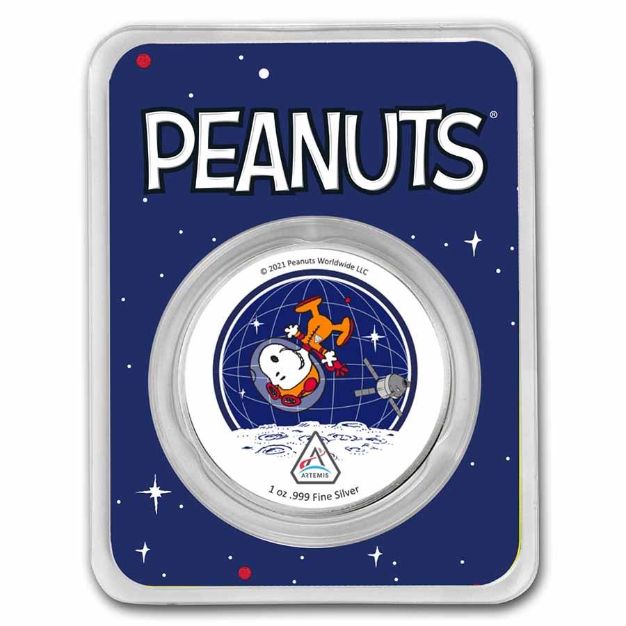 Peanuts Snoopy in Space - Artemis Missions 1 oz Colorized Silver: Peanuts Snoopy in Space - Artemis Missions 1 oz Colorized Silver RBJ No: 237321 Year: N/A Grade: None Grade Service: None Mint Mark: N/A - Not Available Metal Content: 1 troy oz Purity: .
