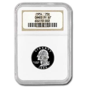 1954 Washington Quarter PF-67 Cameo NGC: 1954 Washington Quarter PF-67 Cameo NGC RBJ No: 46741 Year: 1954 Grade: Proof - 67 Cameo Grade Service: NGC Denomination: 25 Cents Mint Mark: P - Philadelphia (Not Shown) Metal Content: 0