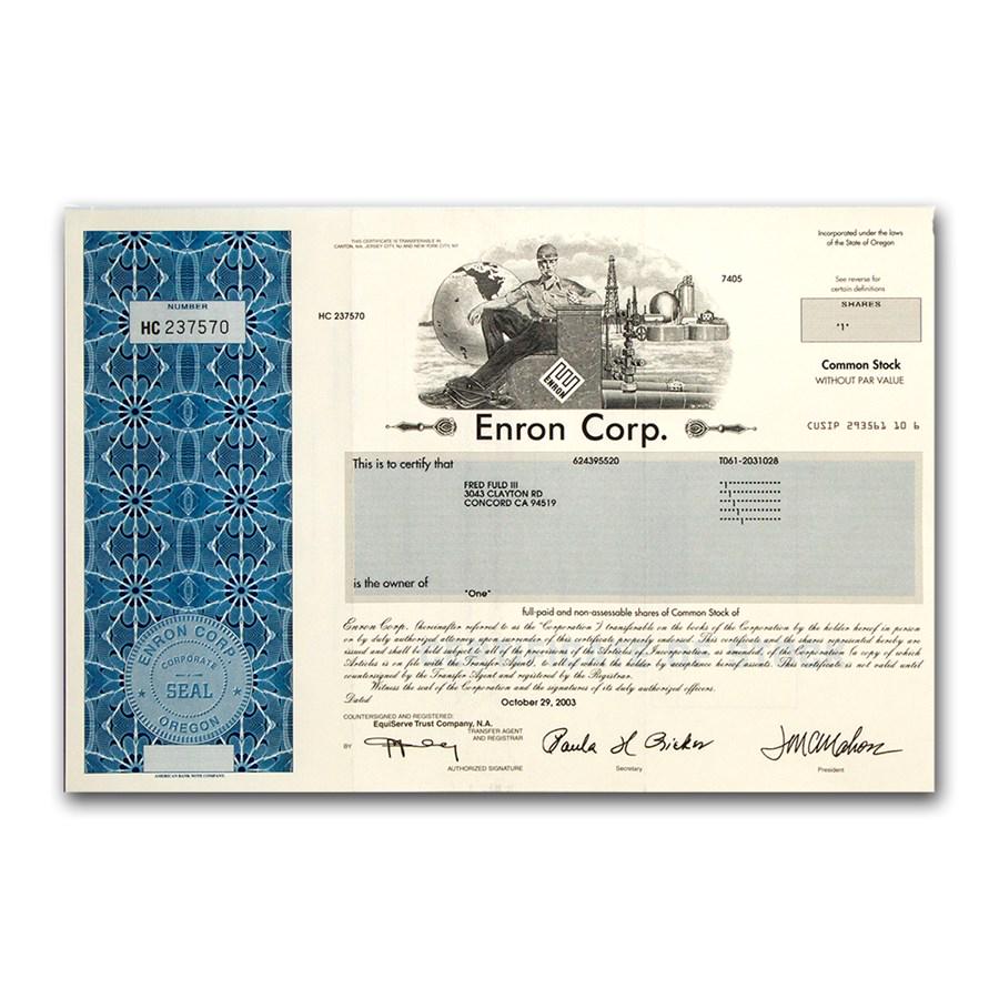 Enron Corp Stock Certificate: Enron Corp Stock Certificate RBJ No: 50847 Year: N/A Grade: None Grade Service: None Denomination: N/A Mint Mark: N/A - Not Available Metal Content: 0 troy oz Purity: N/A