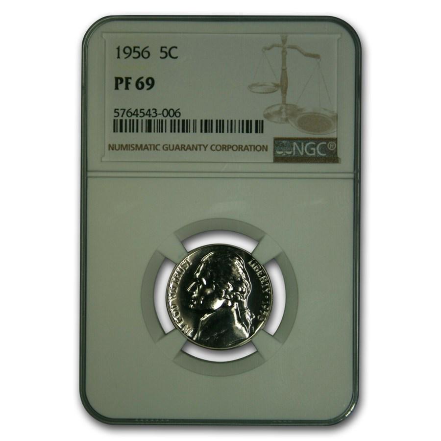 1956 Jefferson Nickel PF-69 NGC: 1956 Jefferson Nickel PF-69 NGC RBJ No: 235433 Year: 1956 Grade Service: NGC Denomination: $0.05 Metal Content: 0 troy oz Purity: None Diameter: 21.2 mm