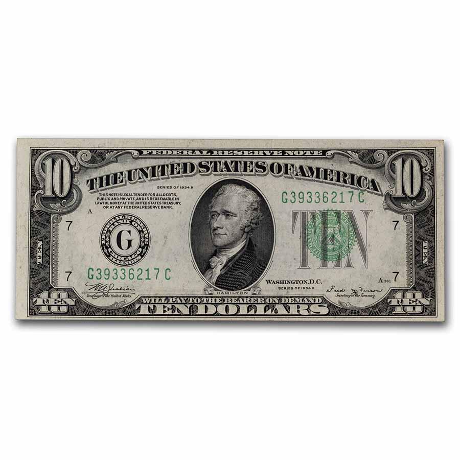 1934-B (G-Chicago) $10 FRN AU (Fr#2007-G): 1934-B (G-Chicago) $10 FRN AU (Fr#2007-G) RBJ No: 249190 Year: 1934 Grade: Almost Unc Grade Service: None Denomination: 10 Dollars Mint Mark: G - Chicago Metal Content: 0 troy oz