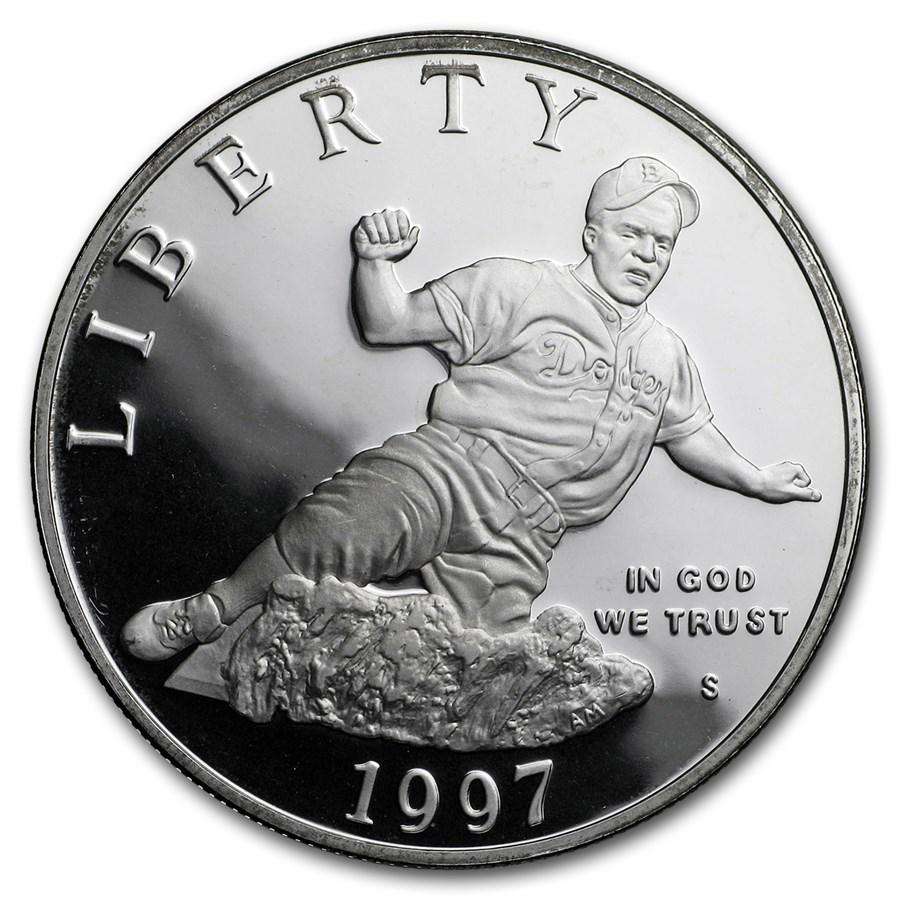 1997-S Jackie Robinson $1 Silver Commem Proof (Capsule only): 1997-S Jackie Robinson $1 Silver Commem Proof (Capsule only) RBJ No: 54015 Year: 1997 Grade: Proof Grade Service: None Denomination: $1.00 Dollar Mint Mark: S - San Francisco Metal Conten