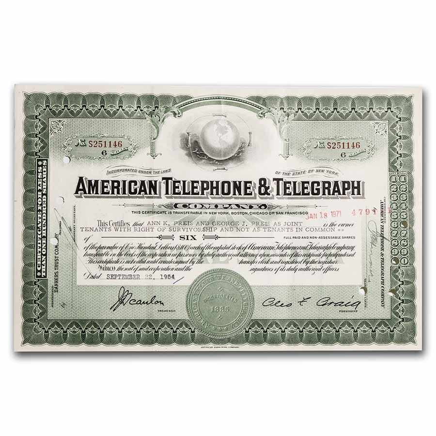 American Telephone and Telegraph Company Stock Certificate: American Telephone and Telegraph Company Stock Certificate RBJ No: 231874 Year: N/A Grade: None Grade Service: None Mint Mark: N/A - Not Available Metal Content: 0 troy oz Purity: N/A
