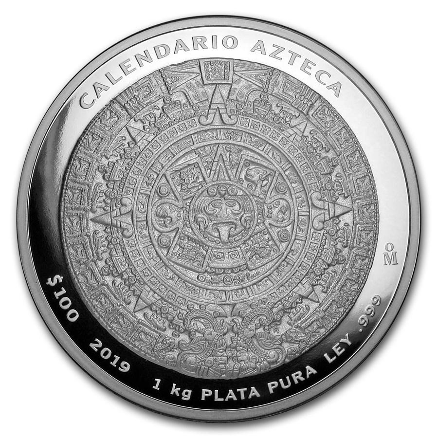 2019 Mexico 1 kilo Silver Aztec Calendar (w/Box & COA): 2019 Mexico 1 kilo Silver Aztec Calendar (w/Box & COA) RBJ No: 198999 Year: 2019 Grade: Brilliant Unc Grade Service: None Denomination: $100 Pesos Mint Mark: Mo - Mexico City Metal Conten