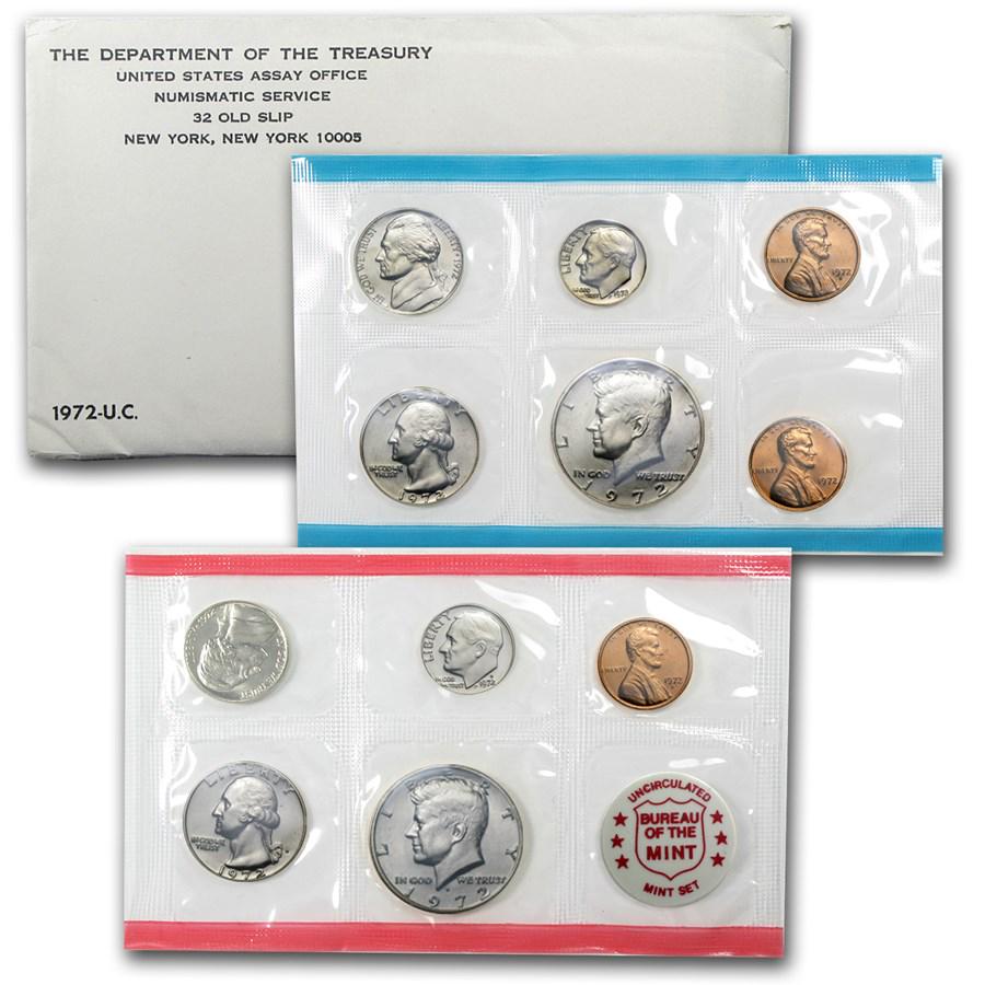1972 U.S. Mint Set: 1972 U.S. Mint Set RBJ No: 1239 Year: 1972 Grade: Brilliant Unc Grade Service: None Denomination: Varies Mint Mark: Varies Metal Content: 0 troy oz Purity: Other Thickne