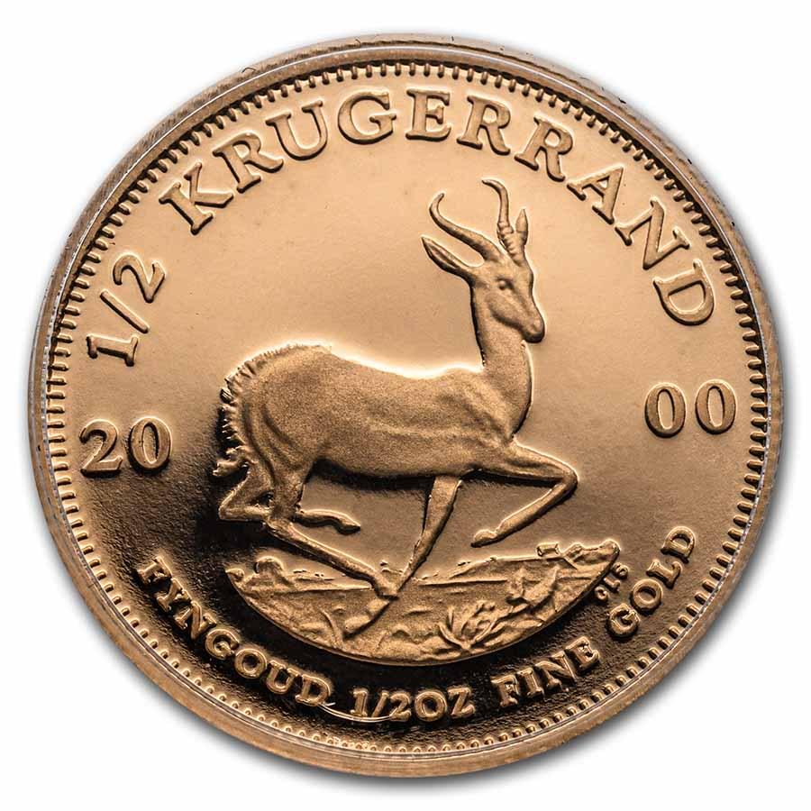 2000 South Africa 1/2 oz Proof Gold Krugerrand (With Box and CoA): 2000 South Africa 1/2 oz Proof Gold Krugerrand (With Box and CoA) RBJ No: 254312 Year: 2000 Grade: Proof Grade Service: None Mint Mark: Not Shown Metal Content: 0.5 troy oz Purity: .9167