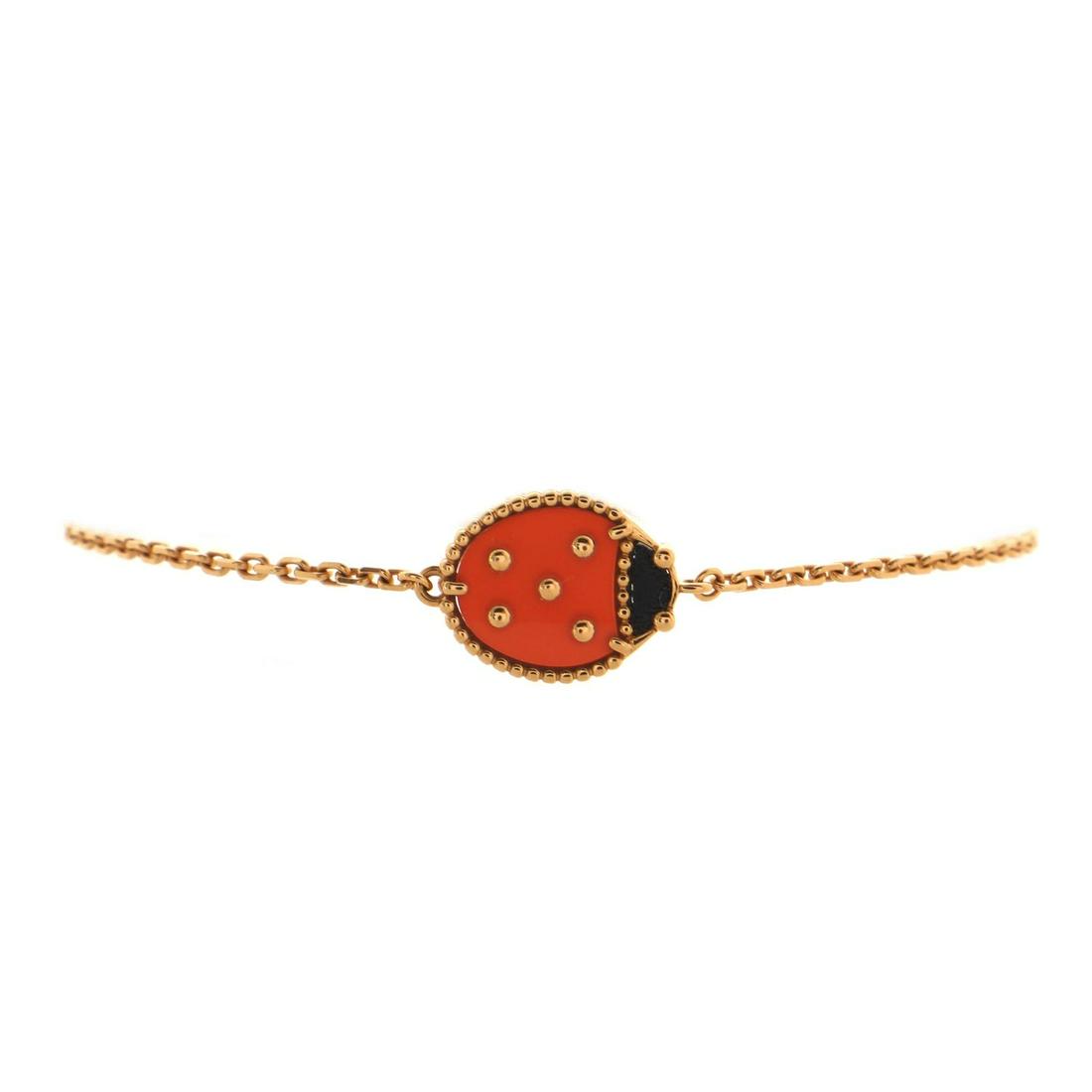 Van Cleef & Arpels Lucky Spring Ladybug Bracelet 18k Rose Gold with Carnelian and Onyx: Van Cleef & Arpels Lucky Spring Ladybug Bracelet 18k Rose Gold with Carnelian and Onyx Metal Type: 18K Rose Gold Metal Finish: High Polish Hallmarks Type: 750, Designer Signature, French Eagle’s Hea