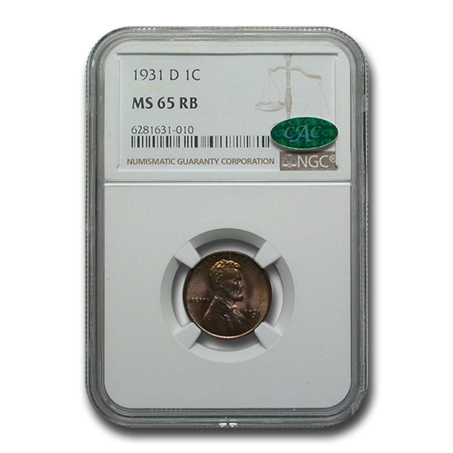 1931-D Lincoln Cent MS-65 NGC CAC (Red/Brown): 1931-D Lincoln Cent MS-65 NGC CAC (Red/Brown) RBJ No: 252268 Year: 1931 Grade Service: NGC Denomination: $0.01 Metal Content: 0 troy oz Purity: None Diameter: 19 mm