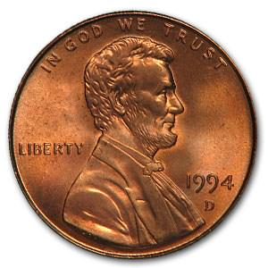 1994-D Lincoln Cent BU (Red): 1994-D Lincoln Cent BU (Red) SKU: RBJ6807 Year: 1994 Grade: Brilliant Unc Grade Service: None Denomination: $0.01 Mint Mark: D - Denver Metal Content: 0 troy oz Purity: N/A <
