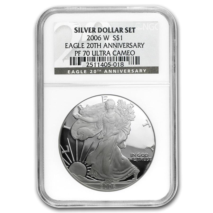 2006-W Proof American Silver Eagle PF-70 NGC (Black Label): 2006-W Proof American Silver Eagle PF-70 NGC (Black Label) SKU: RBJ20513 Year: 2006 Grade Service: NGC Denomination: $1.00 Metal Content: 1 troy oz Purity: .999 Thickness: 2.98 mm