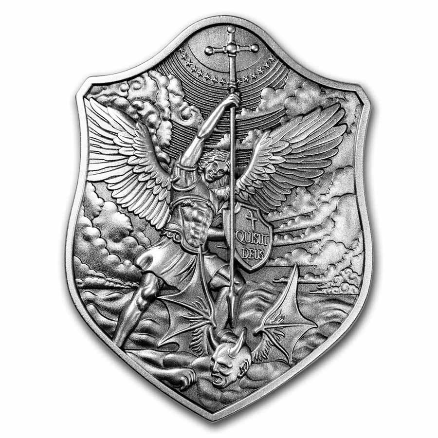 South Korea 2 oz Silver Archangel Michael Ornate Shield Stacker: South Korea 2 oz Silver Archangel Michael Ornate Shield Stacker SKU: RBJ246423 Year: N/A Grade: None Grade Service: None Mint Mark: Not Shown Metal Content: 2 troy oz Purity: .999
