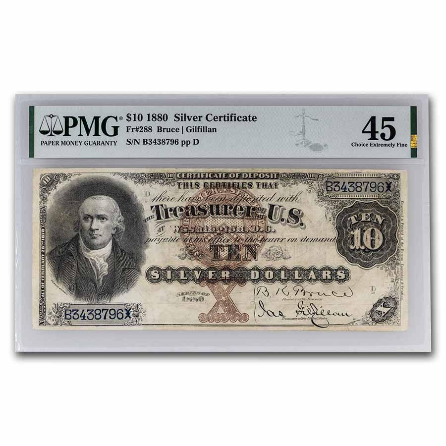 1880 $10 Silver Certificate Robert Morris Ch XF-45 PMG (Fr#288): 1880 $10 Silver Certificate Robert Morris Ch XF-45 PMG (Fr#288) SKU: RBJ242925 Year: 1880 Grade: Extra Fine - 45 Grade Service: PMG Denomination: 10 Dollars Mint Mark: N/A - Not Available