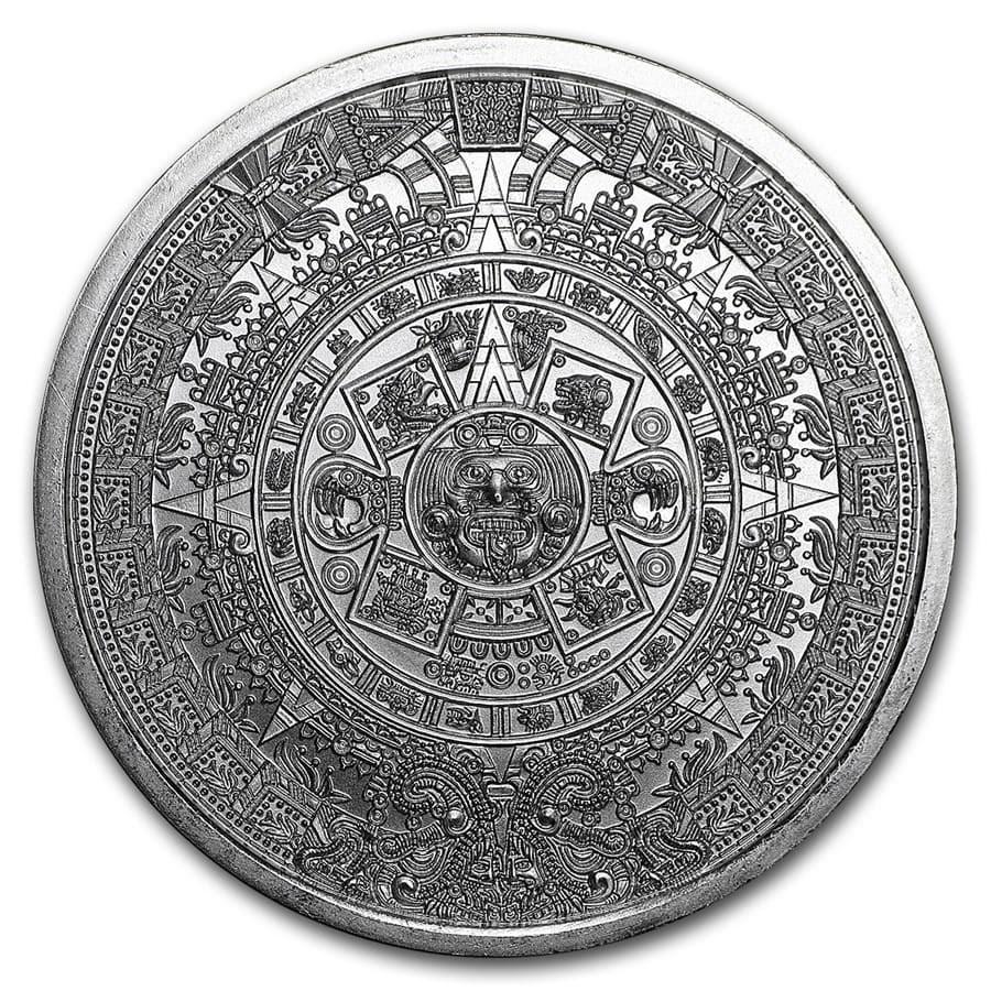 1 oz Silver Round - Aztec Calendar: 1 oz Silver Round - Aztec Calendar SKU: RBJ179489 Grade: None Grade Service: None Mint Mark: N/A - Not Available Metal Content: 1 troy oz Purity: .999 Thickness: 4.6 mm Diameter:
