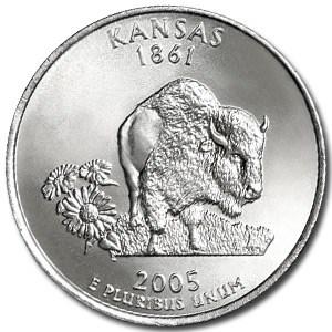 2005-P Kansas State Quarter BU: 2005-P Kansas State Quarter BU SKU: RBJ9088 Year: 2005 Grade: Brilliant Unc Grade Service: None Denomination: 25 Cents Mint Mark: P - Philadelphia Metal Content: 0 troy oz Purity