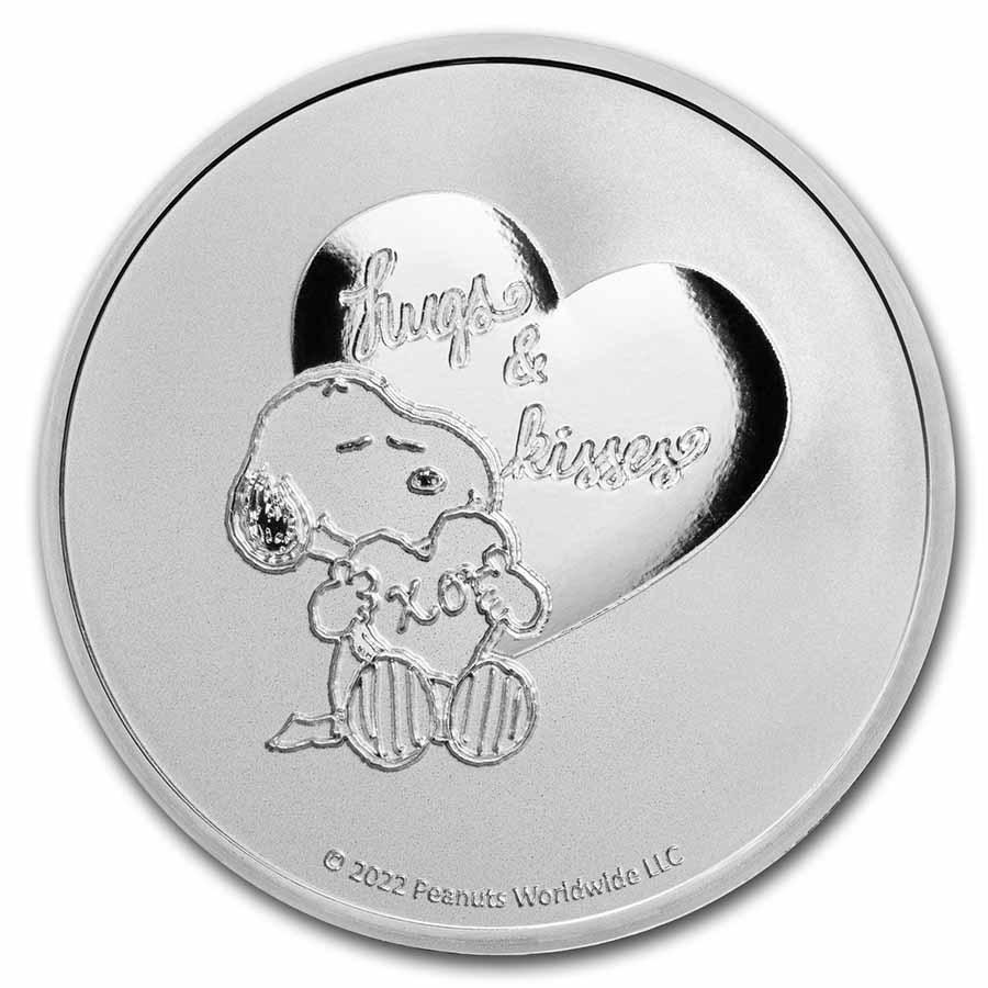 Peanuts Snoopy Hearts Valentine's Day 1 oz Silver Round: Peanuts Snoopy Hearts Valentine's Day 1 oz Silver Round SKU: RBJ244047 Year: 2022 Grade: None Grade Service: None Mint Mark: N/A - Not Available Metal Content: 1 troy oz Purity: .999