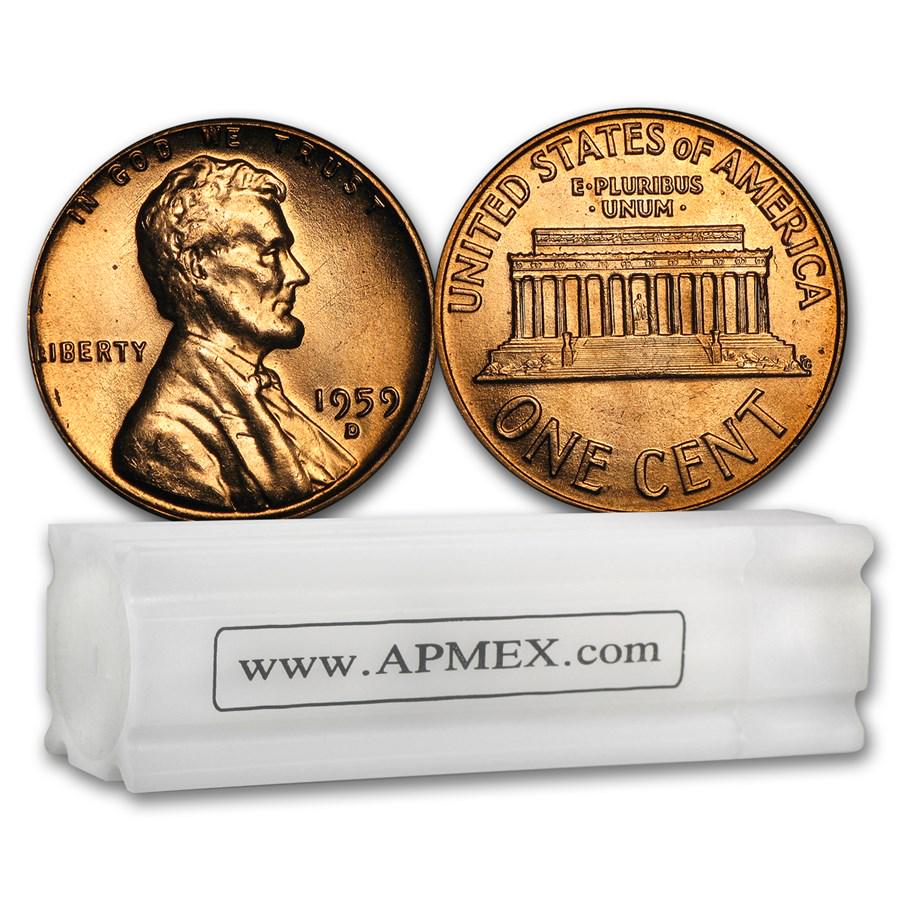 1959-D Lincoln Cent 50-Coin Roll BU: 1959-D Lincoln Cent 50-Coin Roll BU SKU: RBJ9302 Year: 1959 Grade: Brilliant Unc Grade Service: None Denomination: $0.01 Mint Mark: D - Denver Metal Content: 0 troy oz Purity: N/