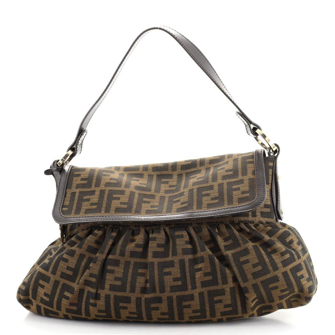 Fendi Chef Flap Bag Zucca Canvas Small: Fendi Chef Flap Bag Zucca Canvas Small Exterior Color: Brown Interior Color: Brown Exterior Material: Canvas Plain Interior Material: Fabric Hardware Color: Gold Accessories: Charms RBJ n
