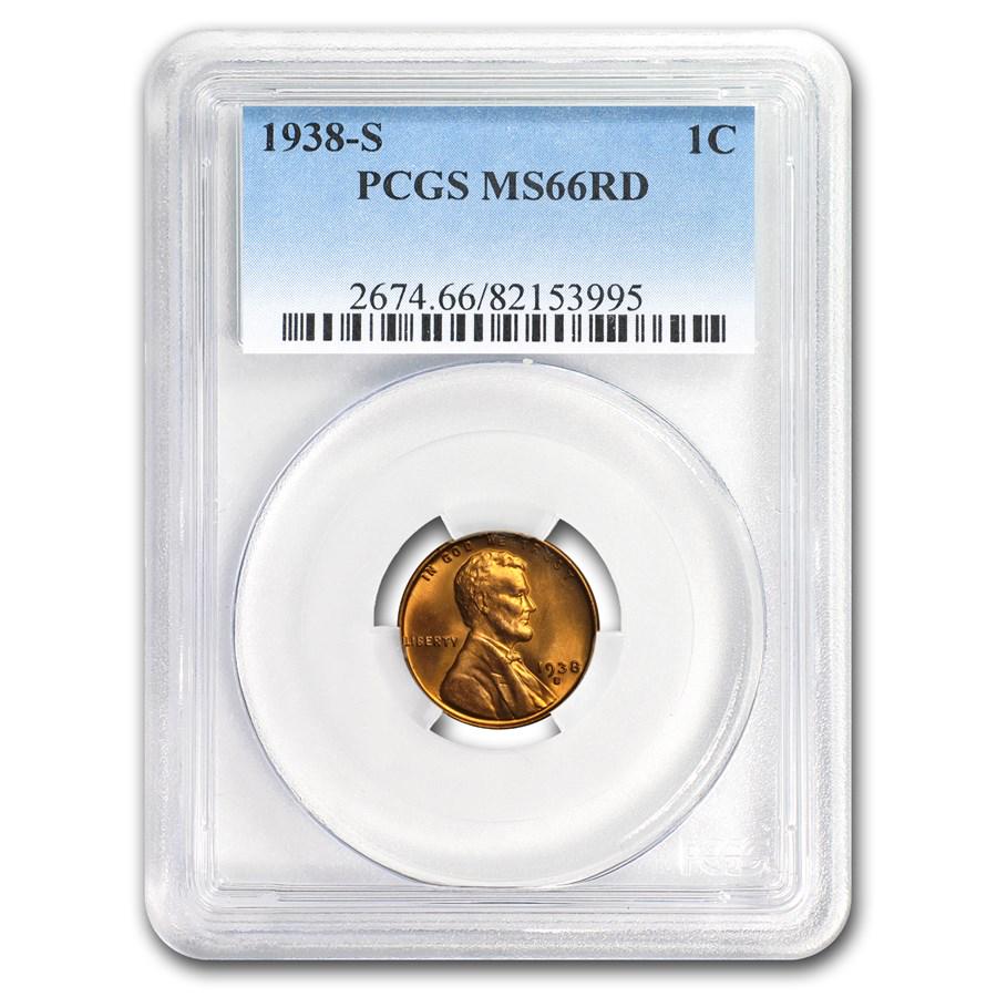 1938-S Lincoln Cent MS-66 PCGS (Red): 1938-S Lincoln Cent MS-66 PCGS (Red) SKU: RBJ24251 Year: 1938 Grade: MS-66 Grade Service: PCGS Denomination: $0.01 Mint Mark: S - San Francisco Metal Content: 0 troy oz Purity: N