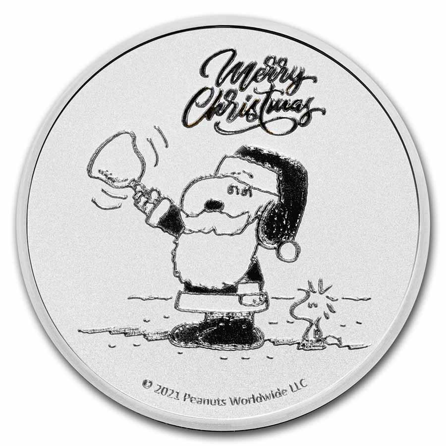 Peanuts Snoopy & Woodstock Christmas 1 oz Silver Round: Peanuts Snoopy & Woodstock Christmas 1 oz Silver Round SKU: RBJ239131 Year: N/A Grade: None Grade Service: None Mint Mark: N/A - Not Available Metal Content: 1 troy oz Purity: .999