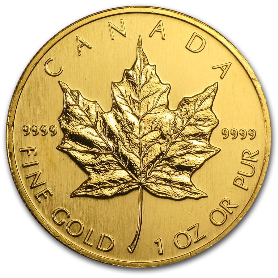 1991 Canada 1 oz Gold Maple Leaf BU: 1991 Canada 1 oz Gold Maple Leaf BU Product ID: RBJ81575 Year: 1991 Grade: Brilliant Unc Grade Service: None Denomination: $50 Mint Mark: RCM (Not Shown) Metal Content: 1 troy oz