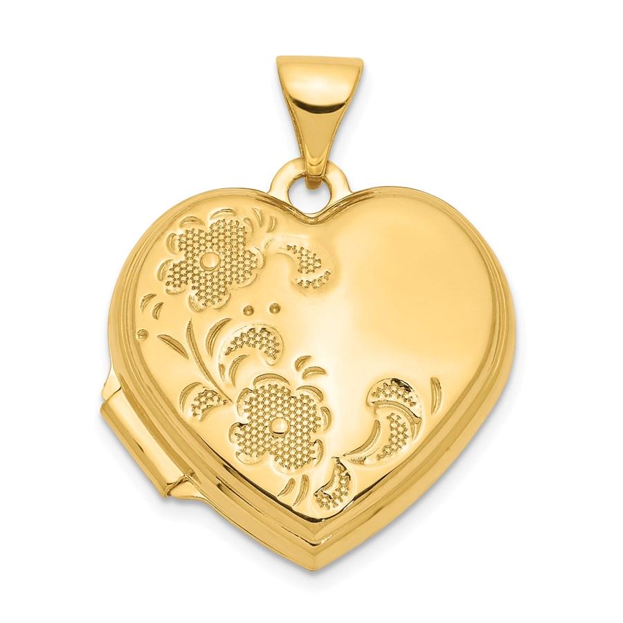 14k Yellow Gold Polished Heart-Shaped Floral Locket - 24 mm: 14k Yellow Gold Polished Heart-Shaped Floral Locket - 24 mm Product ID: RBJ202430 Metal: Gold Purity: 14K Metal Weight: 1.3 GM Length Of Item: 24 mm