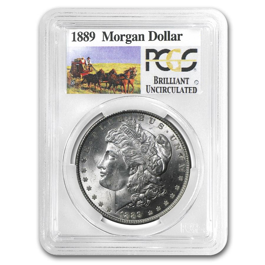 1889 Stage Coach Morgan Dollar BU PCGS: 1889 Stage Coach Morgan Dollar BU PCGS Product ID: RBJ9672 Year: 1889 Grade: Brilliant Unc Grade Service: PCGS Denomination: $1.00 Dollar Mint Mark: P - Philadelphia (Not Shown) Metal Con