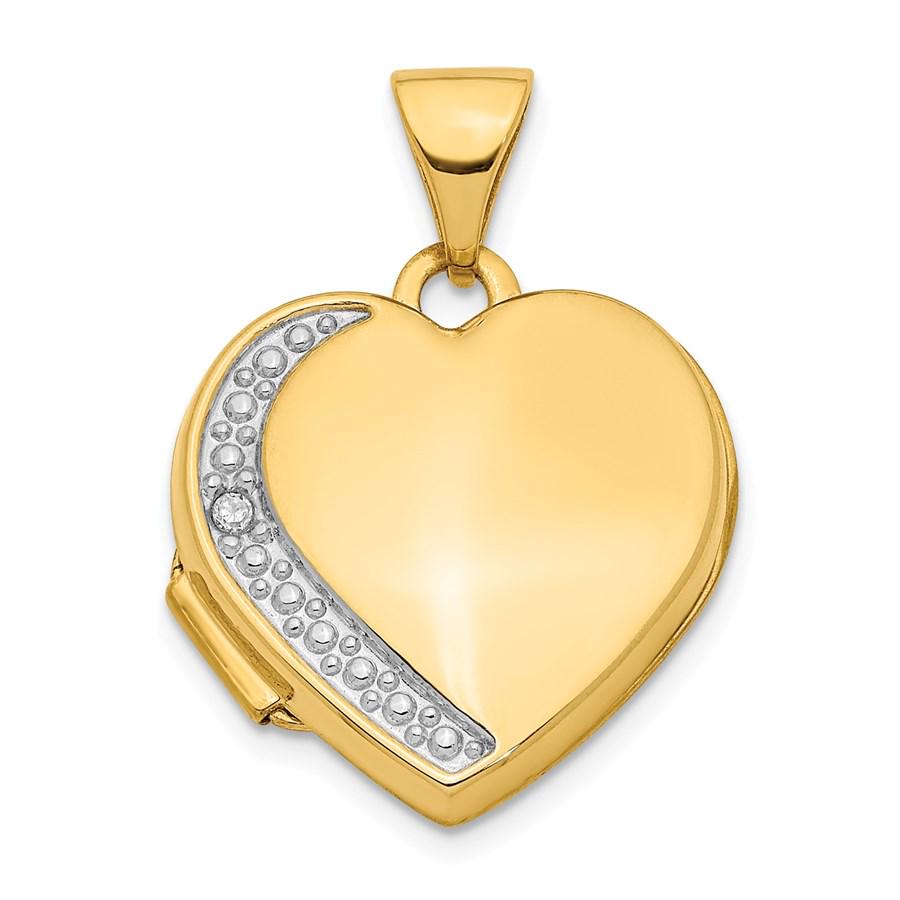 14k Yellow Gold Diamond Heart Locket Pendant - 22 mm: 14k Yellow Gold Diamond Heart Locket Pendant - 22 mm Product ID: RBJ202500 Metal: Gold Purity: 14K Metal Weight: 1.02 GM Carat Weight: 0.005 Finish: Polished Length Of Item: 22 mm