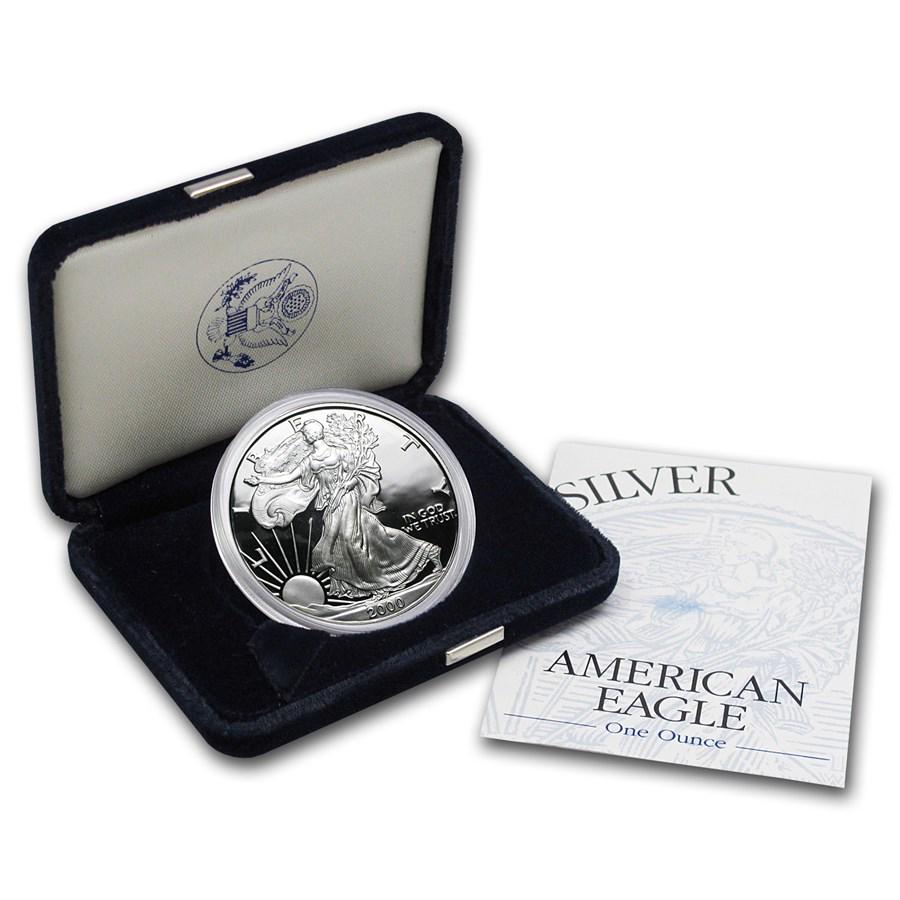 2000-P 1 oz Proof American Silver Eagle (w/Box & COA): 2000-P 1 oz Proof American Silver Eagle (w/Box & COA) Product ID: RBJ1059 Year: 2000 Grade: Proof Grade Service: None Denomination: $1.00 Mint Mark: P - Philadelphia Metal Content: 1 troy