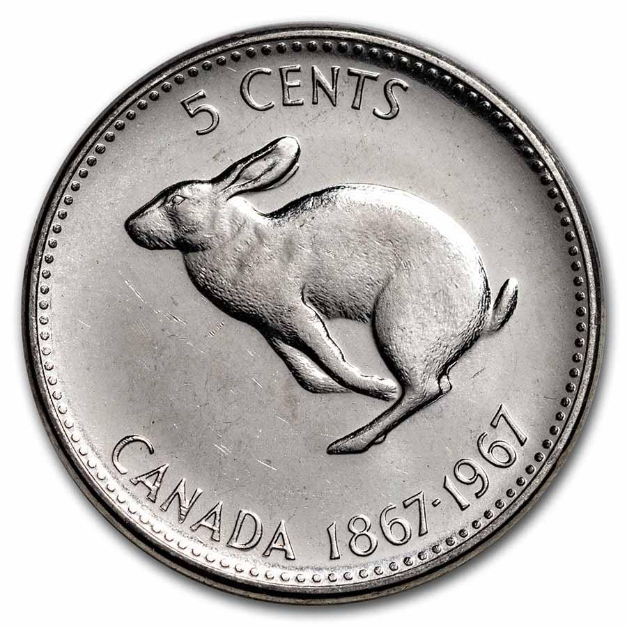 1967 Canada Nickel 5 Cents Rabbit BU/Prooflike: 1967 Canada Nickel 5 Cents Rabbit BU/Prooflike Product ID: RBJ55194 Year: 1967 Grade: BU &/or Proof Grade Service: None Denomination: 5 Cents Mint Mark: RCM (Not Shown) Metal Content: 0 t