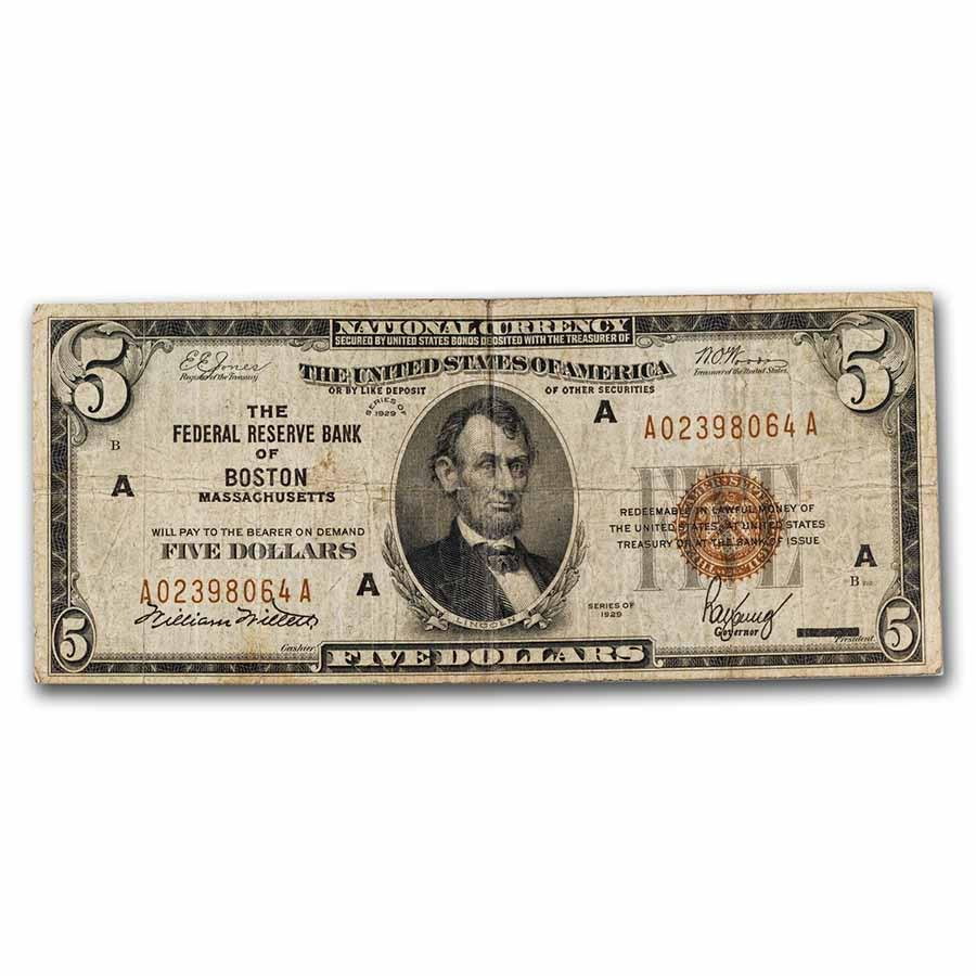 1929 (A-Boston) $5.00 Brown Seal FRBN VG (Fr#1850-A): 1929 (A-Boston) $5.00 Brown Seal FRBN VG (Fr#1850-A) Product ID: RBJ260235 Year: 1929 Grade: Very Good Grade Service: None Denomination: 5 Dollars Mint Mark: A - Boston Metal Content: 0 t