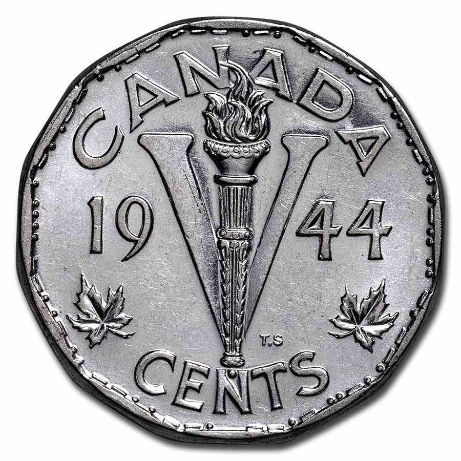 1944 Canada Steel "Victory" 5 Cents AU: 1944 Canada Steel "Victory" 5 Cents AU Product ID: RBJ253887 Year: 1944 Grade: Almost Unc Grade Service: None Denomination: 5 Cents Mint Mark: RCM (Not Shown) Metal Content: 0 troy oz