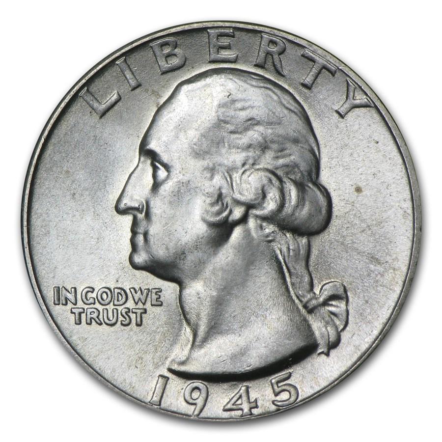 1945-D Washington Quarter BU: 1945-D Washington Quarter BU Product ID: RBJ2912 Year: 1945 Grade: Brilliant Unc Grade Service: None Denomination: 25 Cents Mint Mark: D - Denver Metal Content: 0.1788 troy oz Pu