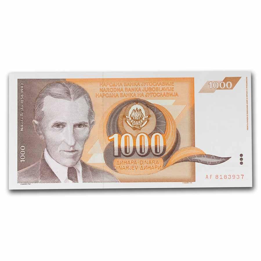 1990 Yugoslavia Nikola Tesla 1000 Dinara Banknote: 1990 Yugoslavia Nikola Tesla 1000 Dinara Banknote Product ID: RBJ246913 Year: 1990 Grade: (U) Uncirculated Grade Service: Other Denomination: 1000 Dinara Mint Mark: N/A - Not Available Me
